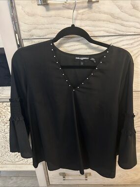 Karl Lagerfeld Black V-Neck Blouse with Pearl-Accent Trim